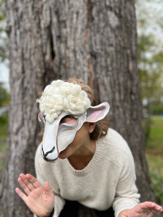 Sheep Mask Handmade Leather Mask with real wool roving  for Masquerade / Halloween / Cosplay