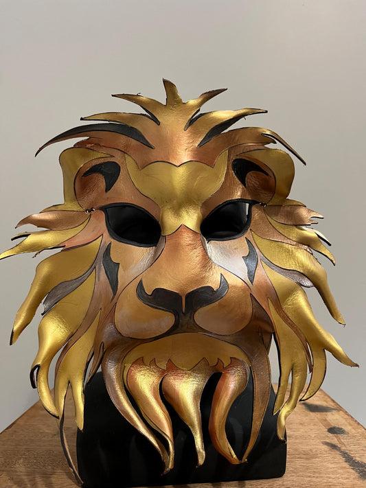 Lion Spirit Animal Mask – Handmade Leather Mask for Renaissance Fairs, Fantasy Festivals, Masquerade, Halloween, or Cosplay