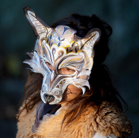 Spirit Wolf Mask | Handmade Leather Mask | Cosplay Mask | Cottagecore Mask | Masquerade Party Mask | Animal Mask | Halloween Costume