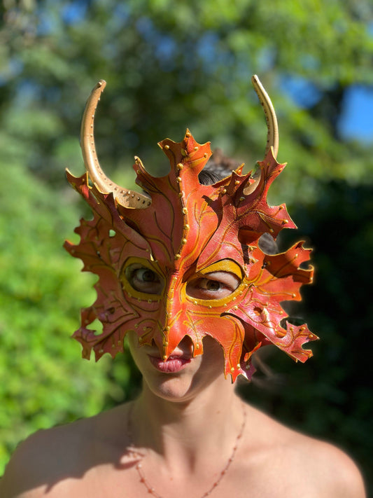 Horned Autumn Leaf Greenman Mask Handmade Leather Masks for Masquerade / Halloween / Cosplay