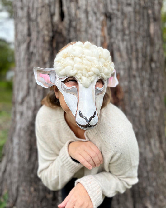 Sheep Mask Handmade Leather Mask with real wool roving  for Masquerade / Halloween / Cosplay